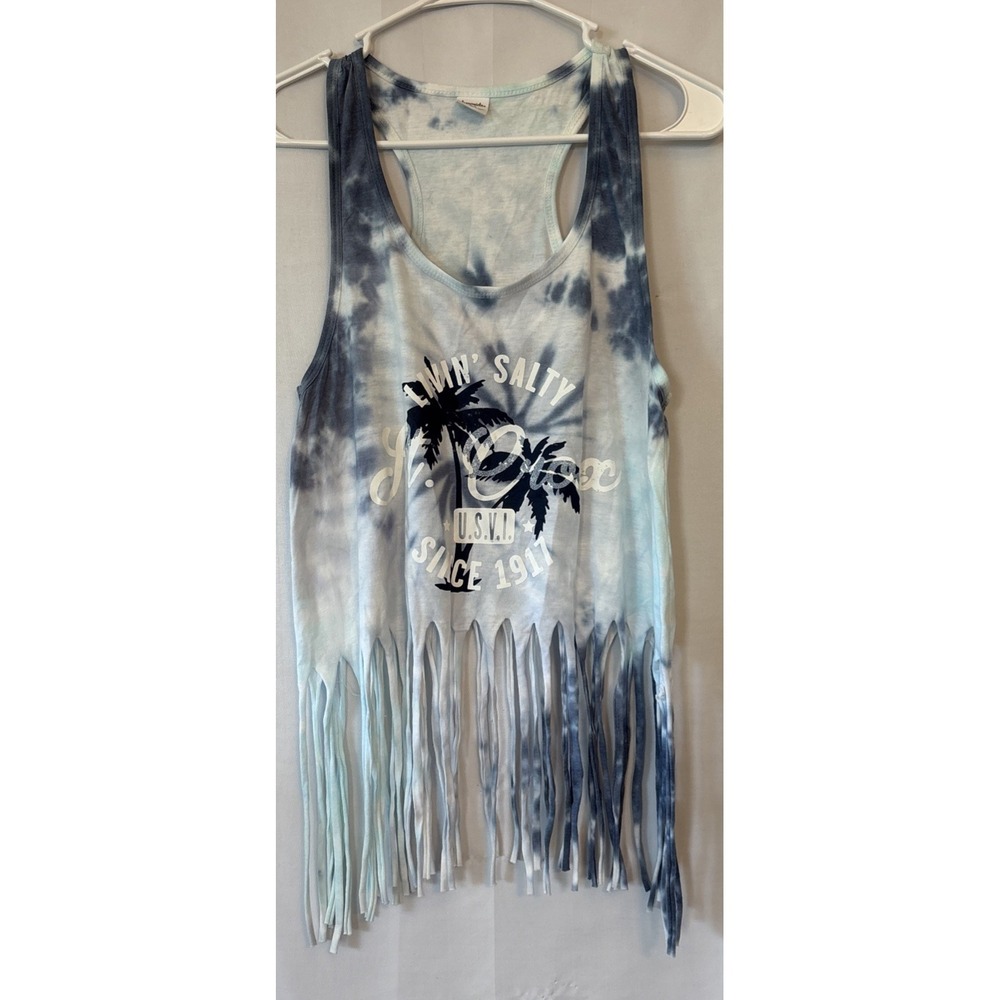 Dreamsicle Women's Tye Dye Fringe Tank Top Blue‎ Boho Sleeveless Livin Salty M
